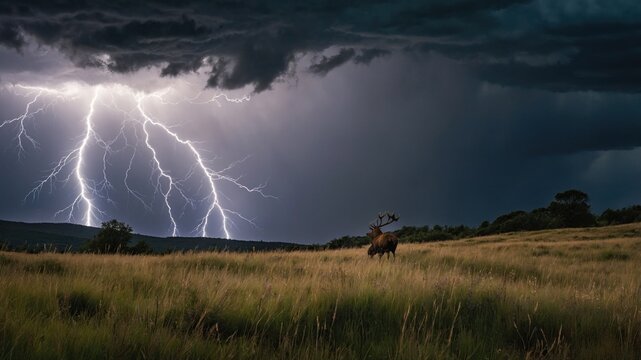 Majestic stag standing in a field during a dramatic thunderstorm with lightning strikes illuminating the sky