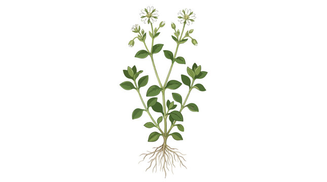 Botanical of a stellaria media chickweed plant, featuring small white star-shaped flowers, green oval leaves, slender stems, and a detailed fibrous root system on a white background
