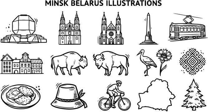 Minsk Belarus Travel and Culture Black and White Line Art Illustrations Set with Landmarks, Symbols, Food, and Animals Doodles