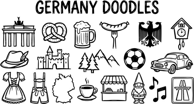 Germany Doodles Icons Set. Black and White Line Art Hand-drawn Collection of German Travel and Cultural Symbols and Landmarks.