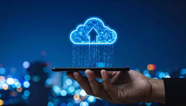 Cloud data upload concept with glowing digital icon above tablet