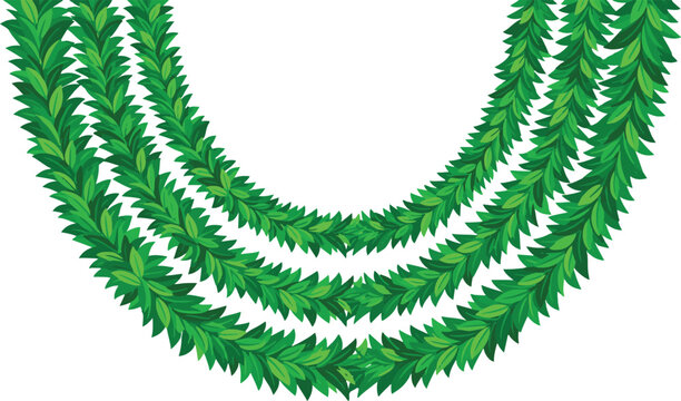 Three overlapping green leaf garlands arranged in a u-shaped hanging drape, of tropical foliage leis with serrated leaf edges on a plain white background