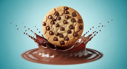 Fototapeta premium Chocolate Chip Cookie Splashing in Melted Chocolate on Blue Background