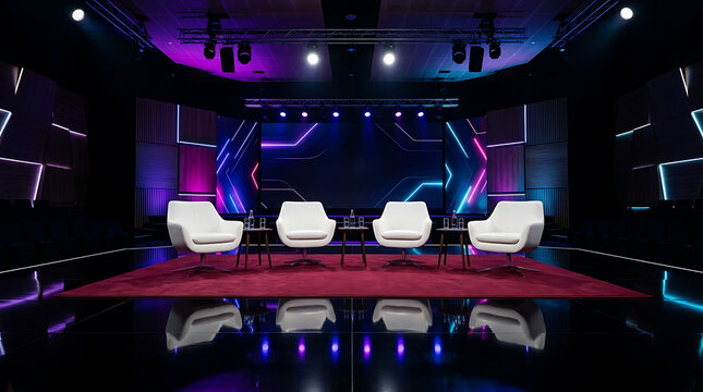 Modern empty television studio with stage lighting and comfortable seating for guests