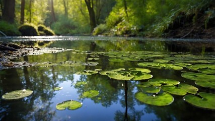 Fototapeta premium Serene pond with lily pads reflecting sunlight, surrounded by lush green forest in tranquil setting
