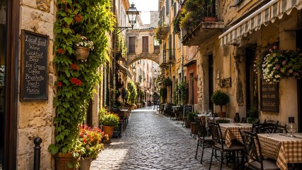 Obraz premium Quaint european street with outdoor dining and lush greenery on old buildings