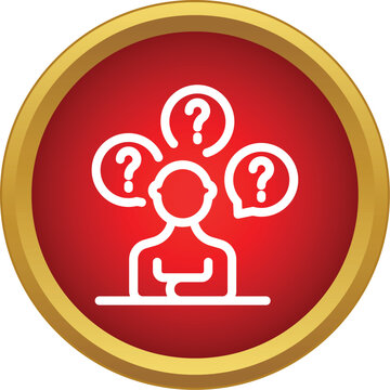 Person thinking with speech bubbles and question marks showing uncertainty and problem solving