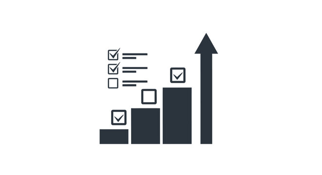 Bar Chart with Arrow and Checklist Icon, Successful Progress Achievement Symbol on isolated white background