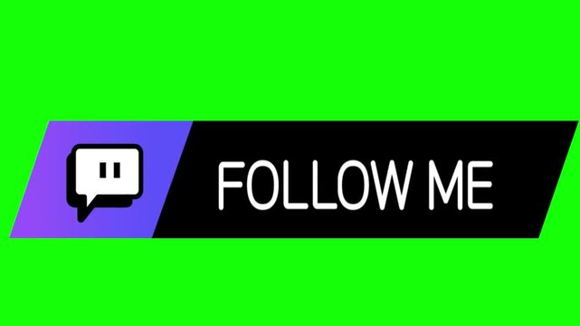 Follow me button with a chat bubble icon is displayed on a sleek purple and black banner against a vibrant green background to encourage social media engagement for digital content creators today.