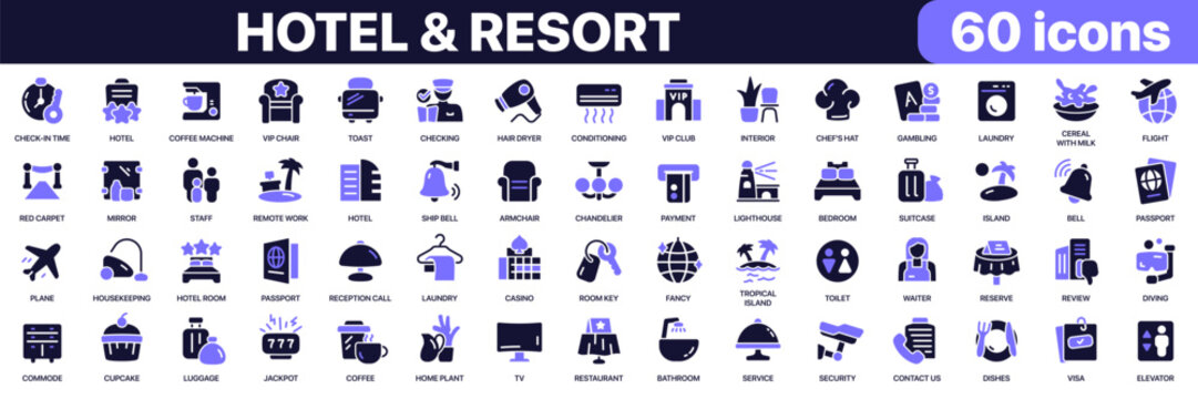 Hotel and resort icon collection in purple colored style. Includes hotel service, travel, reservation, restaurant, luggage, housekeeping and hospitality icons in flat fill style