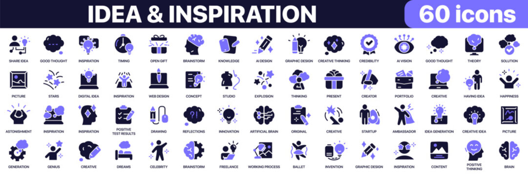Idea and inspiration icon collection in purple colored style. Includes brainstorming, creativity, innovation, graphic design, startup, thinking and inspiration icons in flat fill style