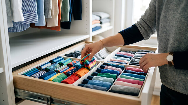 Well organized clothes drawer with a person arranging socks neatly in compartments