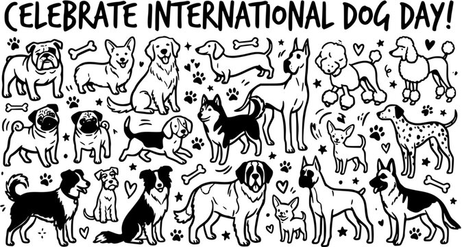Black and White Line Art Hand-Drawn Doodle of Diverse Dog Breeds Celebrating International Dog Day - Pet Animal Holiday Vector Illustration
