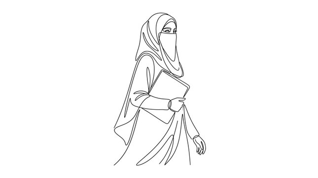 Continuous line drawing of a woman wearing a niqab carrying a book.