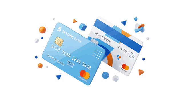 Vector illustration of 3d illustration of two credit cards with abstract geometric shapes on a transparent background