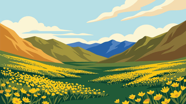 Meadow stretches toward distant mountain ranges under a soft sky filled with scattered clouds.