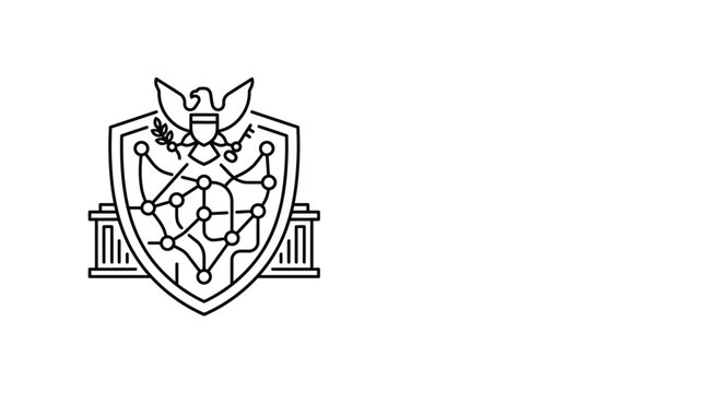 A minimalist line art emblem featuring a shield with a network map and an eagle crest.