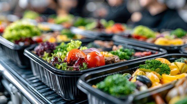 Diverse assortment of freshly prepared healthy meals displayed in black takeout containers showing colorful salads and vegetables in cate line.
