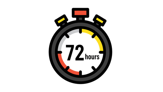 Stopwatch illustration showing 72 hours countdown timer, isolated on white background, for time management concept