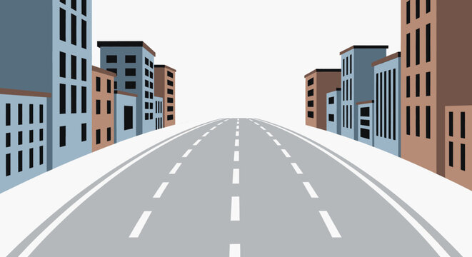 Perspective view of an empty multi-lane road leading into a city skyline with buildings on either side
