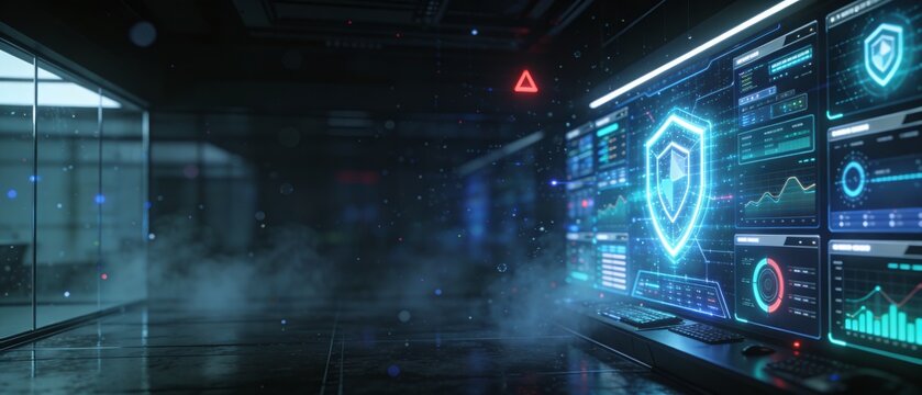 A futuristic cybersecurity concept featuring a glowing encryption prism in a dark room with a computer screen displaying a shield and various graphs.