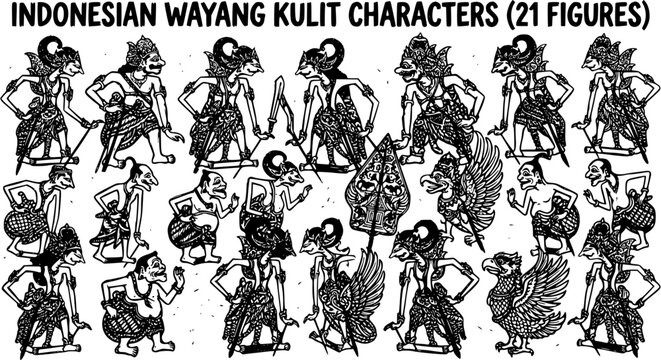Indonesian Wayang Kulit Shadow Puppets, Traditional Art, Black and White Line Art Vector