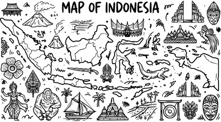Obraz premium Black and White Line Art Map of Indonesia with Landmarks and Cultural Icons