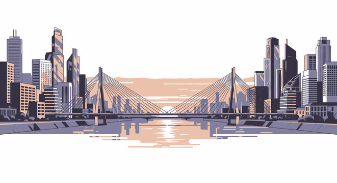 Cityscape illustration featuring a modern suspension bridge spanning across a river, with a backdrop of diverse skyscrapers and an urban skyline
