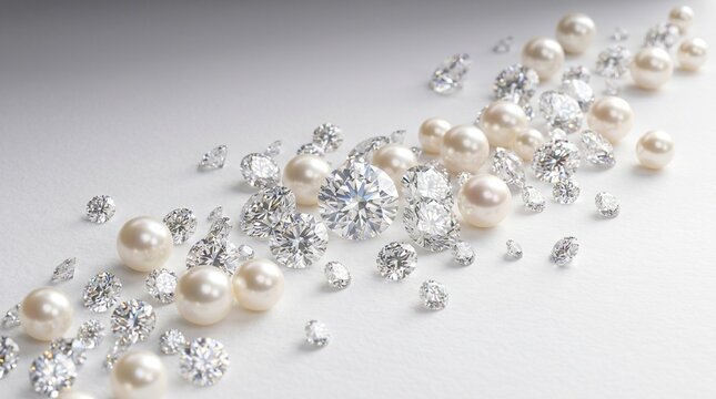 Scattered White Pearls and Brilliant Cut Diamonds