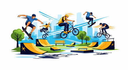 Obraz premium Urban skate park action with skateboarders and bmx riders