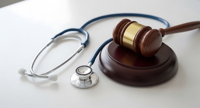 Medical stethoscope and wooden judge gavel on a white desk representing healthcare law and malpractice