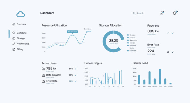 Cloud Computing Dashboard with Resource Utilization, Storage Allocation, and Server Performance Metrics