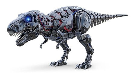 Fototapeta premium A detailed mechanical metal robot dinosaur t-rex with a glowing blue eye standing in a futuristic pose