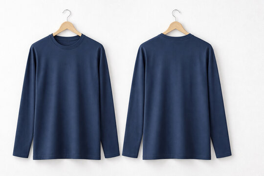 Navy blue long sleeved shirt mockup hanging on a hanger, front and back