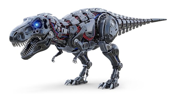 A detailed mechanical metal robot dinosaur t-rex with a glowing blue eye standing in a futuristic pose