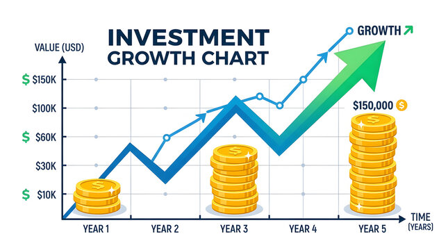 Financial investment growth chart vector concept showing rising business profit over five years with stack of gold coins upward trend arrow and value axis
