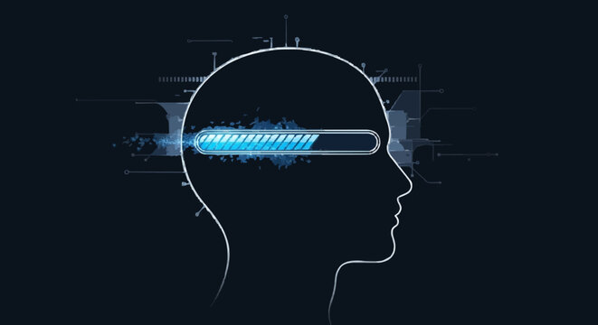 Abstract visualization of the human brain with a digital loading bar, representing ongoing cognitive processing, continuous learning, and intellectual development