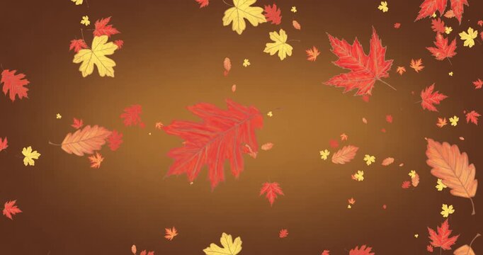 Autumn leaves falling down on brown background, seamless loop.