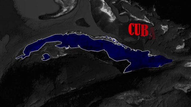 Cuba Country Outline with Glowing Caribbean Map Presentation, Geographic Identification, Political Borders, and Dramatic Earth Style Motion Graphics