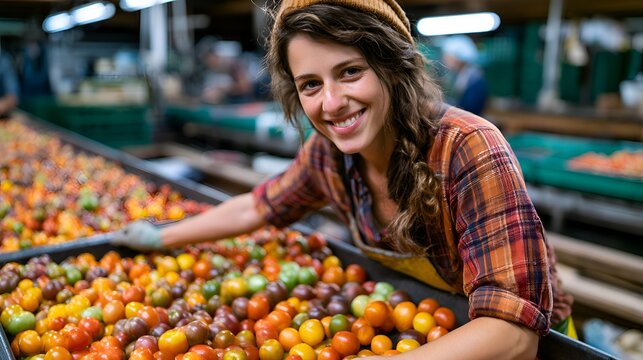 A smiling woman wea a hat and gloves works with colorful heirloom tomatoes at a local farm market produce sorting and packing facility.