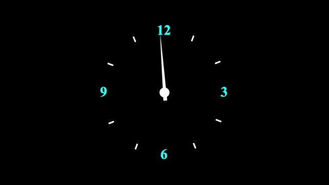 Minimalist analog clock face animation with moving hands on black background, for time management concepts