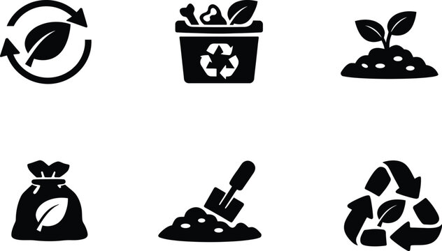 Set of six black environmental recycling and composting vector icons