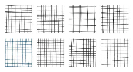 Fototapeta premium Collection of eight unique hand drawn grid patterns with various line thicknesses and styles for abstract artistic designs.