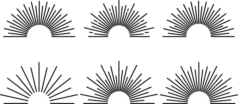 Retro sunburst and sunrise thin line shapes set featuring linear rays light burst morning sun geometric elements for boho logo badge and emblem design.