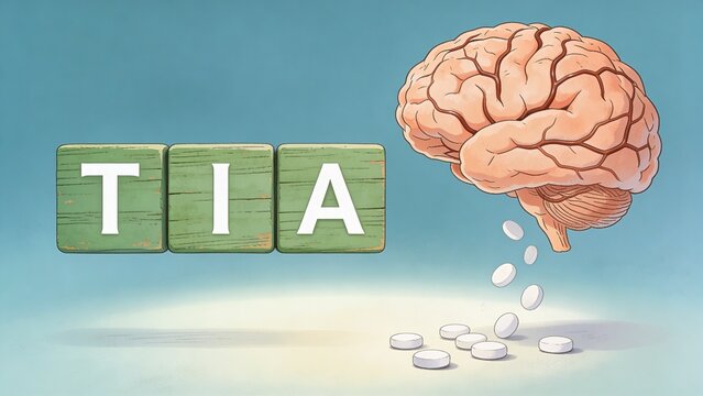 Brain loses pills from TIA medical concept on wooden blocks