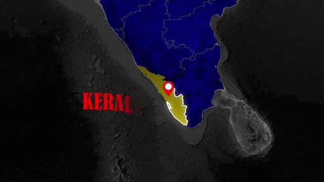 Kerala State Map Animation Featuring Southern India Geographic Highlight, Political Borders, Regional Location Visualization, Dark Satellite Style Motion Background Presentation