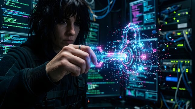 Hacker Touching Glowing Digital Padlock on Futuristic Cyber Security Interface