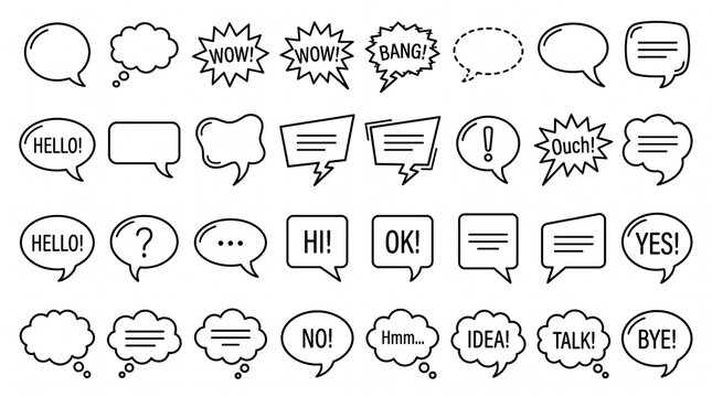 A collection of various speech bubbles and thought clouds on a white background