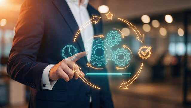 Process automation concept optimizing business workflow through interconnected gears continuous improvement cycle time management and quality control for productivity and operational success