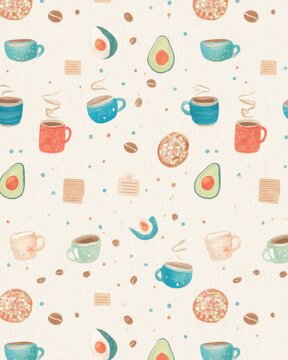 Colorful Hand Painted Coffee Cups, Avocado Halves, Cookies, and Coffee Beans Pattern on Light Textured Background